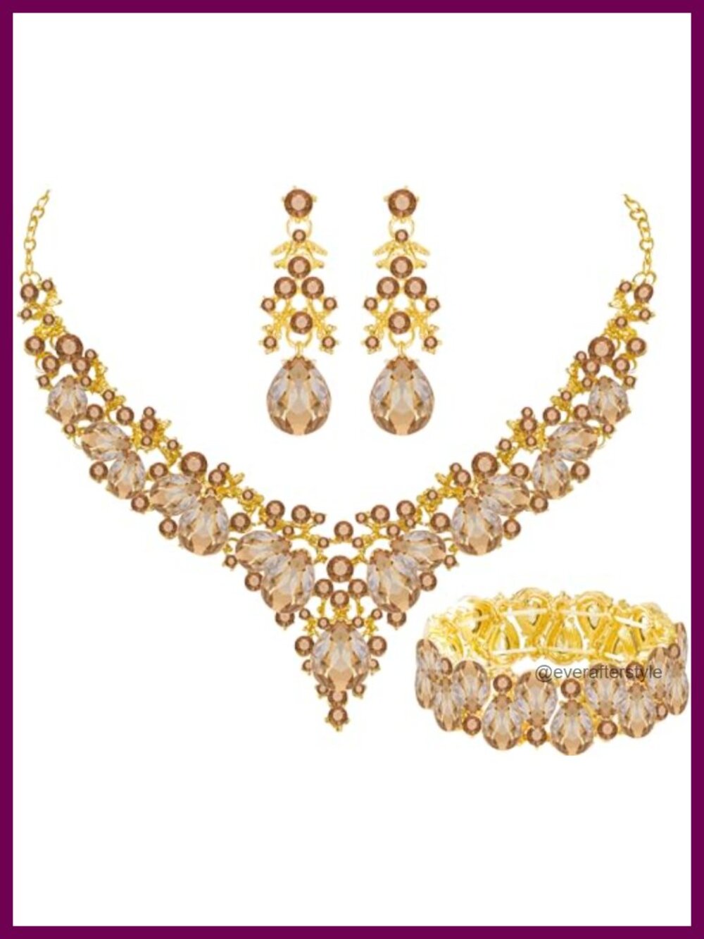 Gold Plated Champagne Crystal Bridal Jewelry Set Necklace Earrings Bracelet